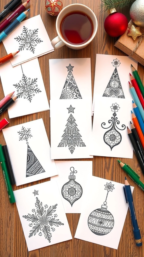 A variety of Zentangle Christmas cards with intricate designs of snowflakes, trees, and ornaments on a crafting table.